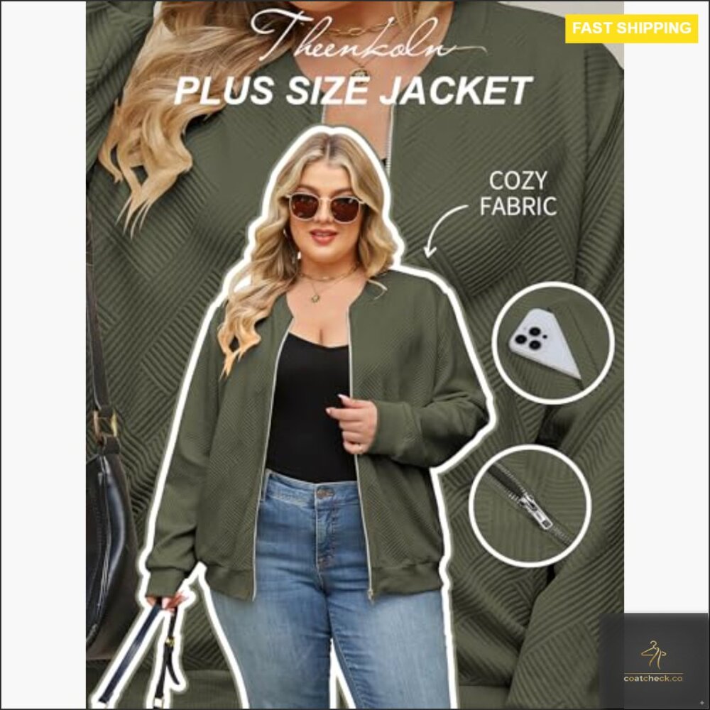 Plus Size Lightweight Bomber Jacket Full Zip Long… - image 3